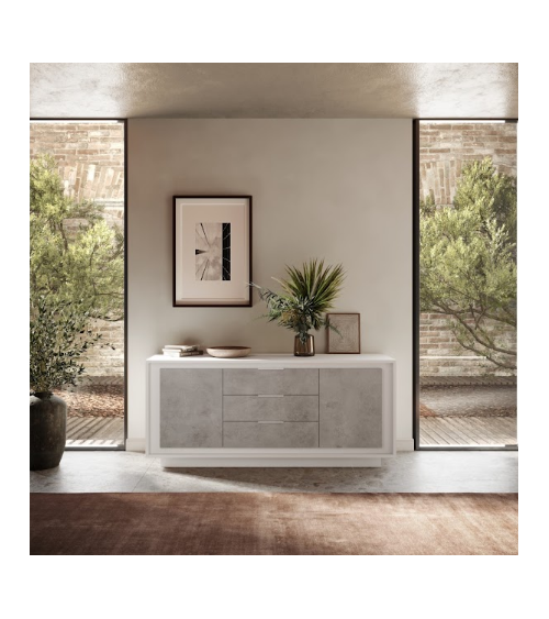 Buffet SKY 4 portes – Finition Blanc mat laqué / Ciment